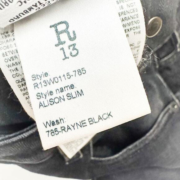 R13 Alison Slim 785-Rayne Black R13W0115-785 Zip Fly Denim Jeans Size 29 Italy - Picture 7 of 9